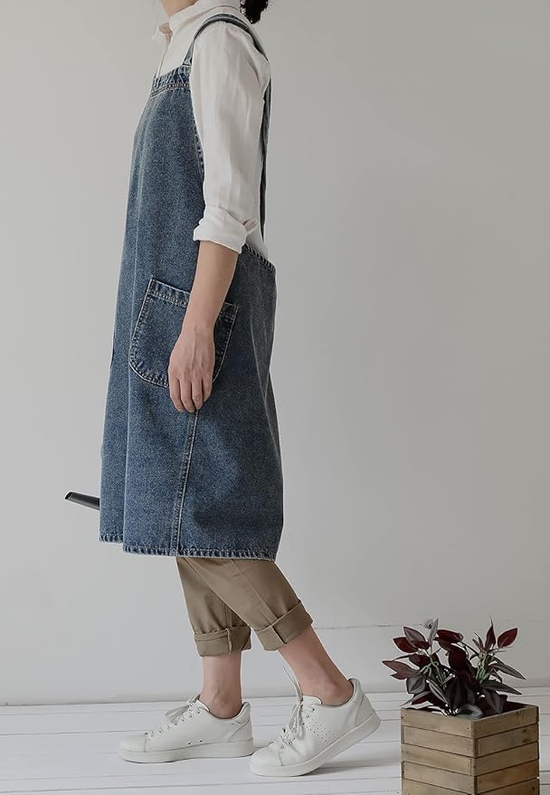 Vintage Denim Gardening Apron with Large Pockets – Sleeveless Loose Fit Work Apron for Women (35.5" x 42")