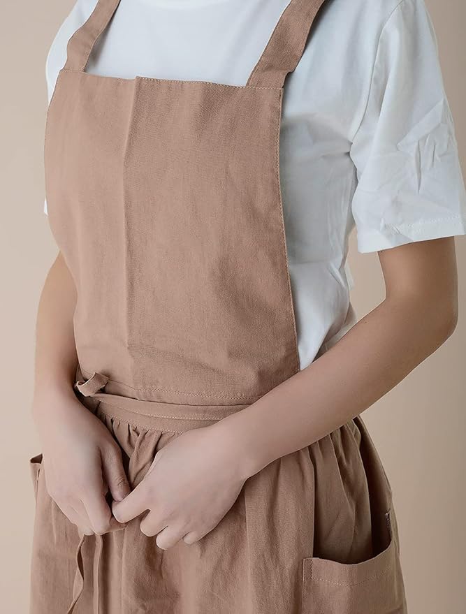 Long Gardening Apron for Women – Adjustable Waist Tie Cotton Linen Work Apron with Pockets (Mid-Calf Length)