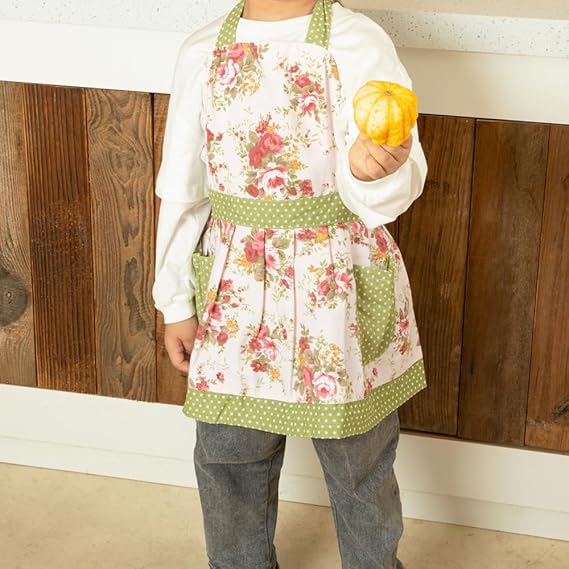 Kids Gardening Apron with Vintage Floral Print – Adjustable Cotton Apron with Pockets for Girls (Ages 3–10)