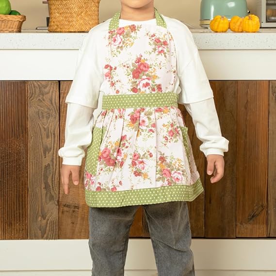 Kids Gardening Apron with Vintage Floral Print – Adjustable Cotton Apron with Pockets for Girls (Ages 3–10)
