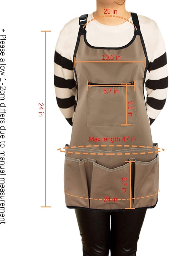 Waterproof Gardening Apron with Multiple Tool Pockets – Adjustable Shoulder Straps, Utility Work Apron for Women (24" Long, 47" Max Waist)