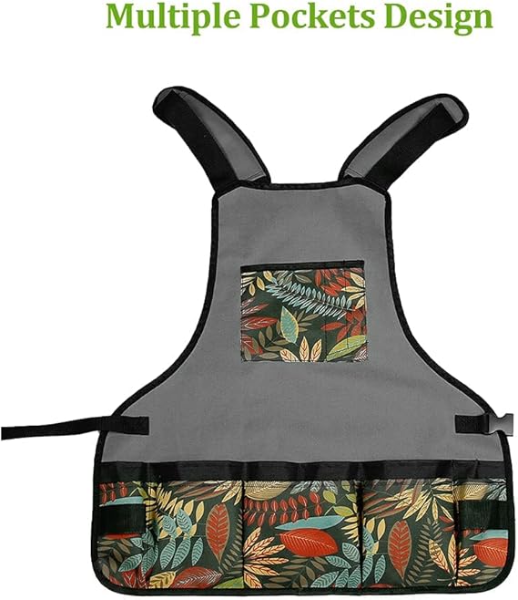 Leaf Print Waterproof Gardening Apron with 6 Pockets – Adjustable Shoulder Work Apron for Men and Women (23.2" x 22.8")