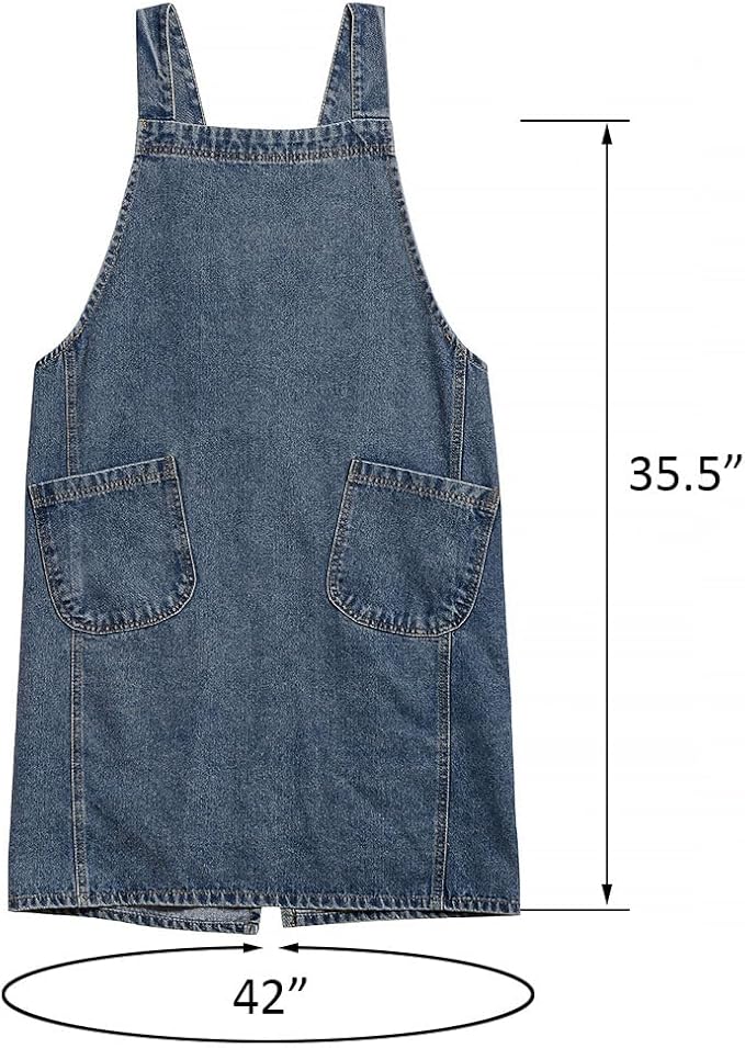 Vintage Denim Gardening Apron with Large Pockets – Sleeveless Loose Fit Work Apron for Women (35.5" x 42")