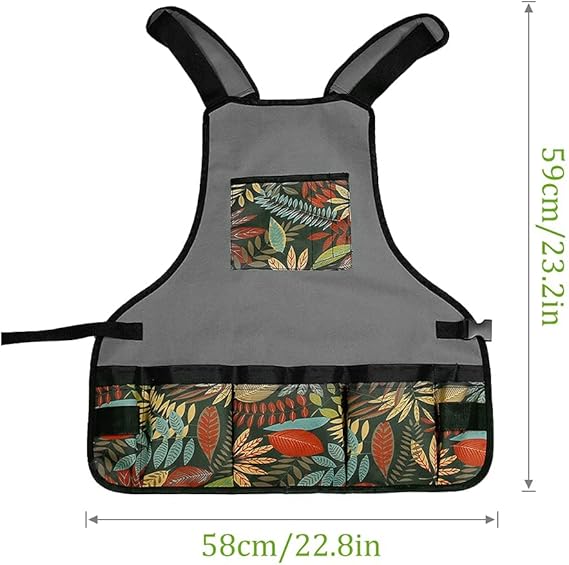 Leaf Print Waterproof Gardening Apron with 6 Pockets – Adjustable Shoulder Work Apron for Men and Women (23.2" x 22.8")
