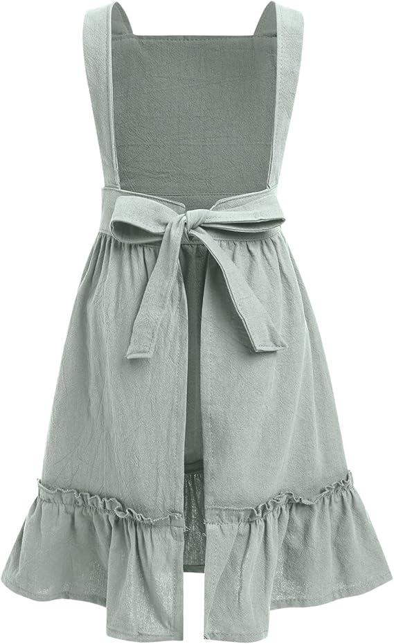 Elegant Ruffle Hem Gardening Apron Dress – Waist-Tie Cotton Linen Apron with Pocket for Women (Skirt Style)