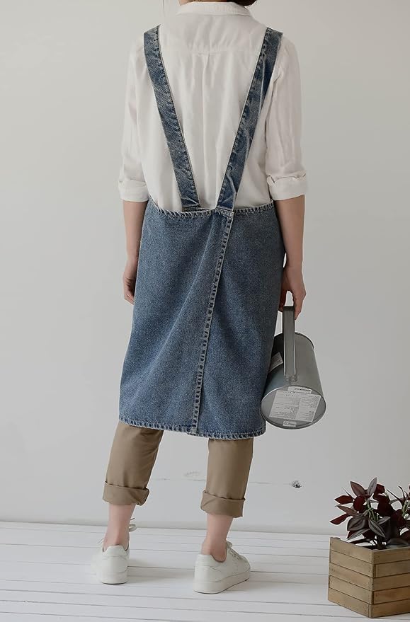 Vintage Denim Gardening Apron with Large Pockets – Sleeveless Loose Fit Work Apron for Women (35.5" x 42")