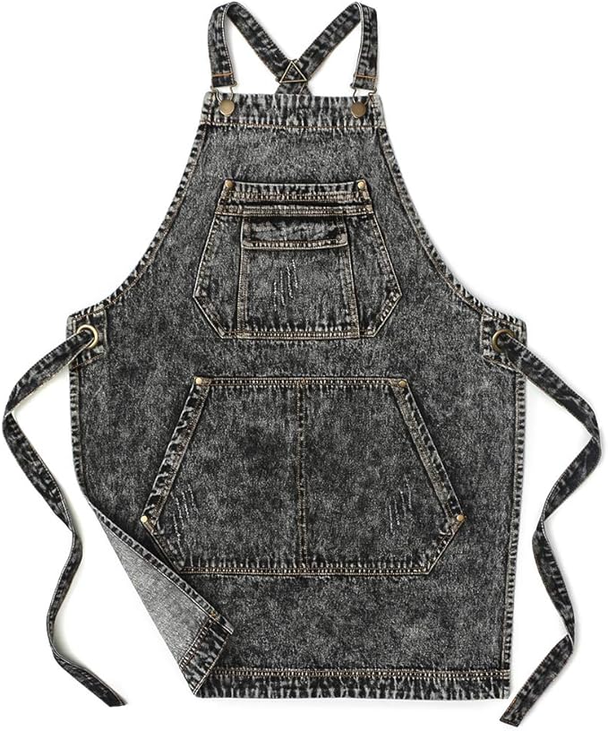Vintage Denim Gardening Apron with Cross-Back Adjustable Straps and Multi-Pockets – Unisex Work Apron (30" Length, 57" Straps)