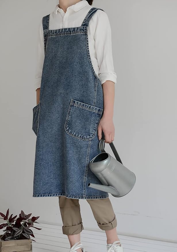 Vintage Denim Gardening Apron with Large Pockets – Sleeveless Loose Fit Work Apron for Women (35.5" x 42")