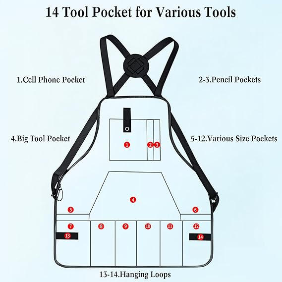 14-Pocket Professional Gardening Work Apron – Waterproof Adjustable Tool Apron with Cross-Back Straps & Hanging Loops (23.6" x 22.8")