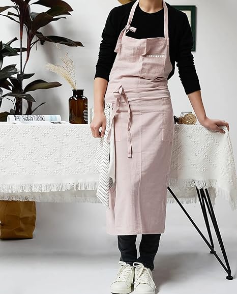 Pink Cotton Linen Gardening Apron for Women – Adjustable Waist Tie Work Apron with 3 Pockets & Towel Loop (80% Cotton, 20% Linen)