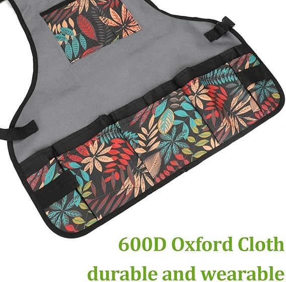 Leaf Print Waterproof Gardening Apron with 6 Pockets – Adjustable Shoulder Work Apron for Men and Women (23.2" x 22.8")