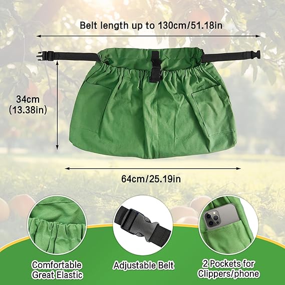 Adjustable Gardening Waist Apron with 2 Utility Pockets – Elastic Fit Harvesting Belt Bag for Tools, Fruit & Phone (25.19" x 13.38")