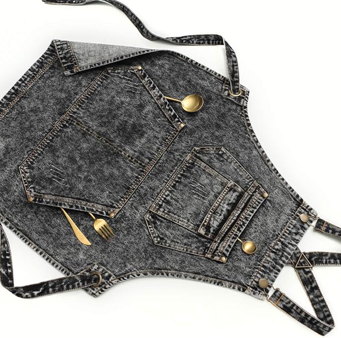 Vintage Denim Gardening Apron with Cross-Back Adjustable Straps and Multi-Pockets – Unisex Work Apron (30" Length, 57" Straps)