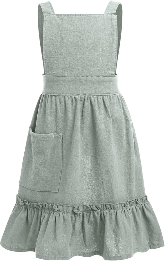 Elegant Ruffle Hem Gardening Apron Dress – Waist-Tie Cotton Linen Apron with Pocket for Women (Skirt Style)