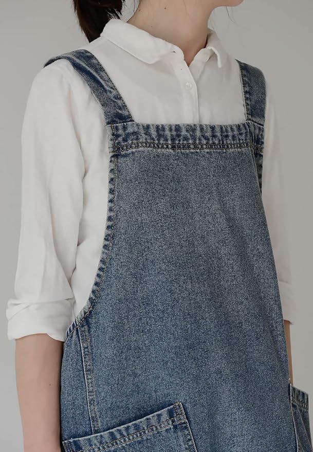 Vintage Denim Gardening Apron with Large Pockets – Sleeveless Loose Fit Work Apron for Women (35.5" x 42")