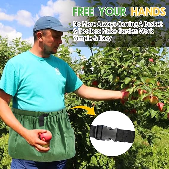 Adjustable Gardening Waist Apron with 2 Utility Pockets – Elastic Fit Harvesting Belt Bag for Tools, Fruit & Phone (25.19" x 13.38")
