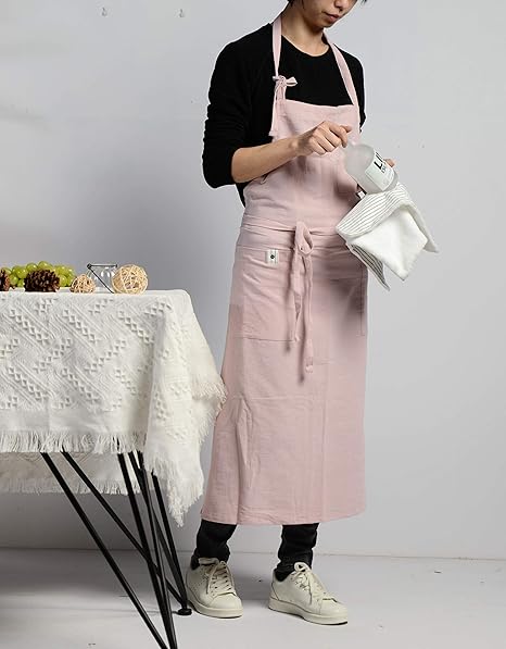 Pink Cotton Linen Gardening Apron for Women – Adjustable Waist Tie Work Apron with 3 Pockets & Towel Loop (80% Cotton, 20% Linen)