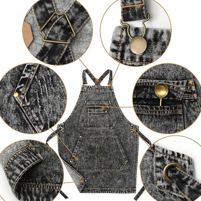 Vintage Denim Gardening Apron with Cross-Back Adjustable Straps and Multi-Pockets – Unisex Work Apron (30" Length, 57" Straps)