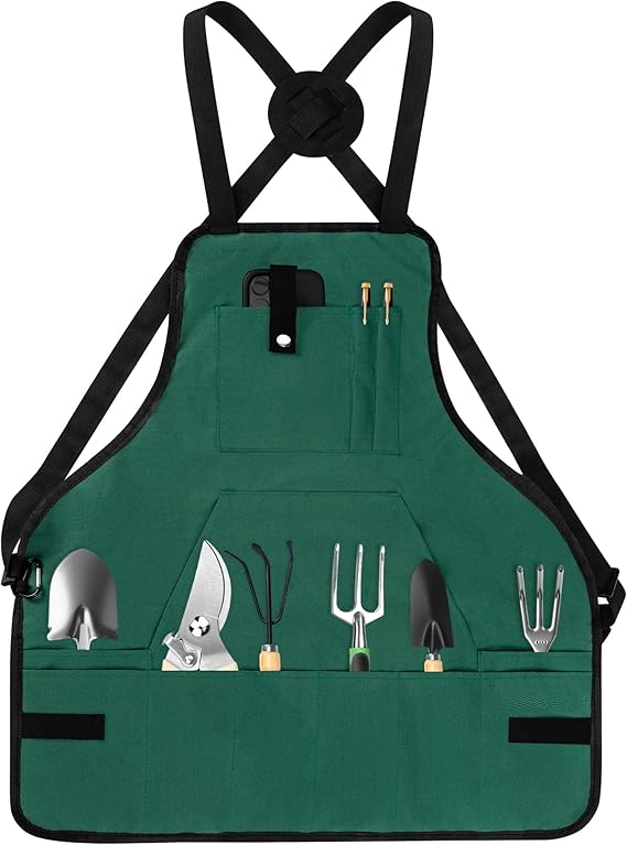 14-Pocket Professional Gardening Work Apron – Waterproof Adjustable Tool Apron with Cross-Back Straps & Hanging Loops (23.6" x 22.8")