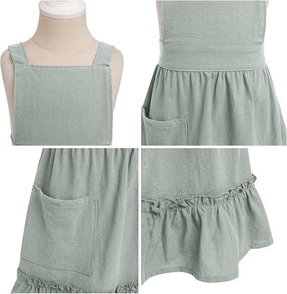 Elegant Ruffle Hem Gardening Apron Dress – Waist-Tie Cotton Linen Apron with Pocket for Women (Skirt Style)