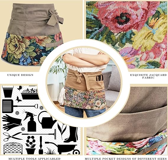 Floral Pattern Gardening Half Apron with Adjustable Waist Straps & Multiple Tool Pockets – Water-Resistant Waist Apron for Women