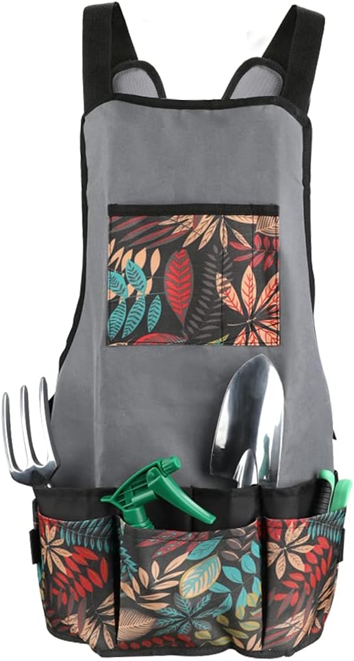 Leaf Print Waterproof Gardening Apron with 6 Pockets – Adjustable Shoulder Work Apron for Men and Women (23.2" x 22.8")