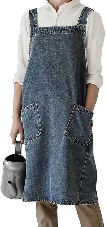 Vintage Denim Gardening Apron with Large Pockets – Sleeveless Loose Fit Work Apron for Women (35.5" x 42")