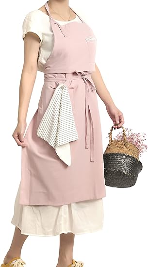 Pink Cotton Linen Gardening Apron for Women – Adjustable Waist Tie Work Apron with 3 Pockets & Towel Loop (80% Cotton, 20% Linen)