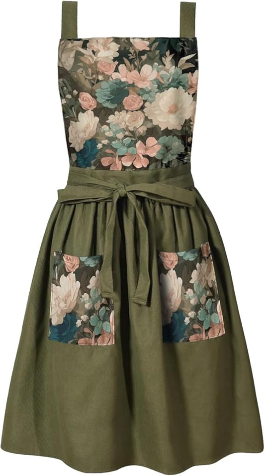 Vintage Floral Gardening Apron with Adjustable Waist Ties – Dual Pocket Work Apron for Women (33" x 25")