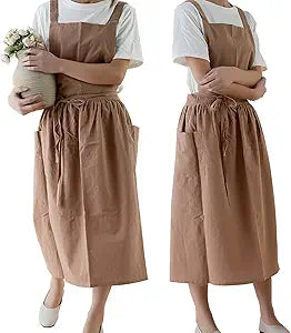 Long Gardening Apron for Women – Adjustable Waist Tie Cotton Linen Work Apron with Pockets (Mid-Calf Length)