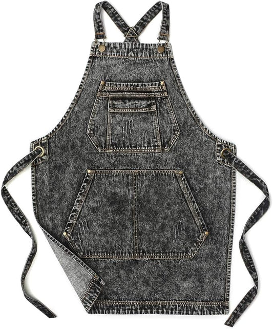 Vintage Denim Gardening Apron with Cross-Back Adjustable Straps and Multi-Pockets – Unisex Work Apron (30" Length, 57" Straps)