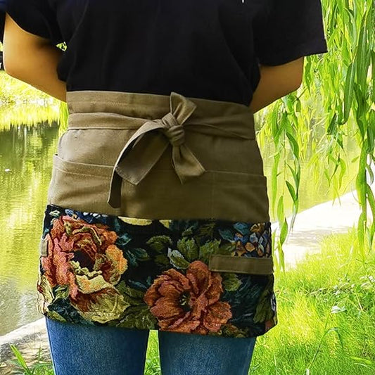 Floral Pattern Gardening Half Apron with Adjustable Waist Straps & Multiple Tool Pockets – Water-Resistant Waist Apron for Women