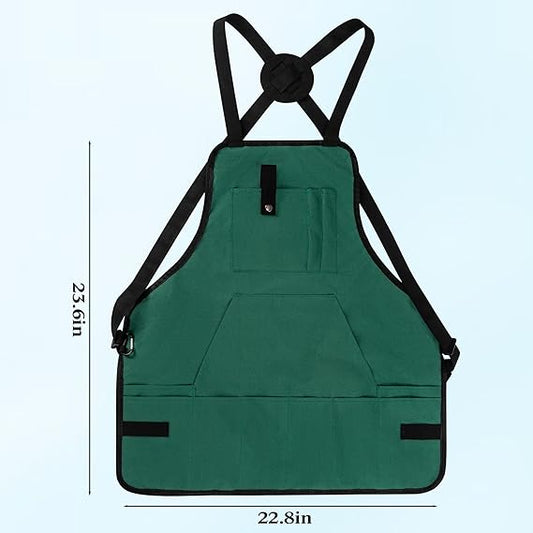 14-Pocket Professional Gardening Work Apron – Waterproof Adjustable Tool Apron with Cross-Back Straps & Hanging Loops (23.6" x 22.8")