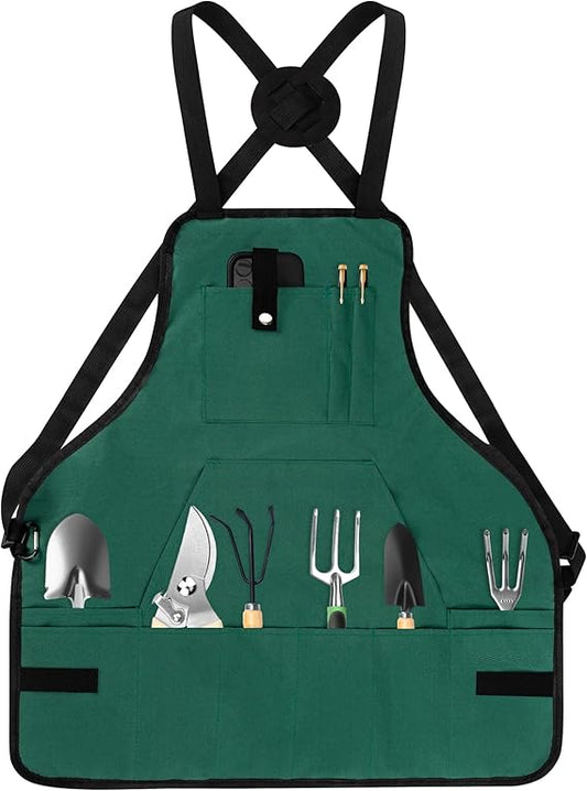14-Pocket Professional Gardening Work Apron – Waterproof Adjustable Tool Apron with Cross-Back Straps & Hanging Loops (23.6" x 22.8")