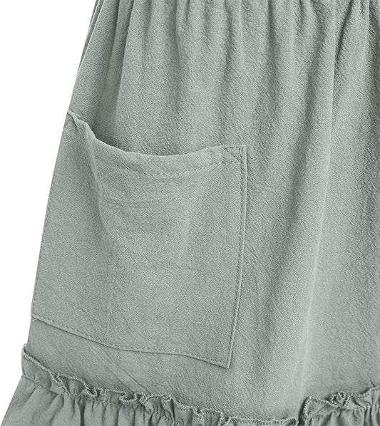 Elegant Ruffle Hem Gardening Apron Dress – Waist-Tie Cotton Linen Apron with Pocket for Women (Skirt Style)
