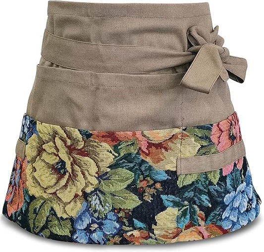 Floral Pattern Gardening Half Apron with Adjustable Waist Straps & Multiple Tool Pockets – Water-Resistant Waist Apron for Women